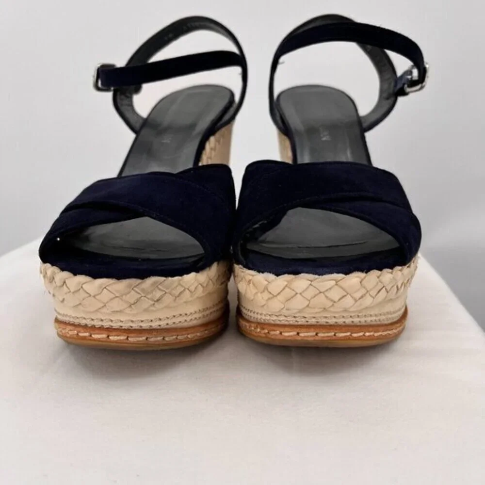 Stuart Weitzman Wedge Heeled Sandals Suede Navy Blue/Ivory 11.5 Ankle Strap Open